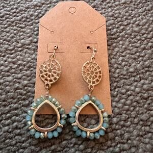 Aqua Blue Beaded on Gold Dangle Earrings
